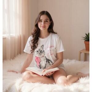 ☀️Originality. Kitten Print Short Sleeve Graphic T-Shirt White Women's Size M